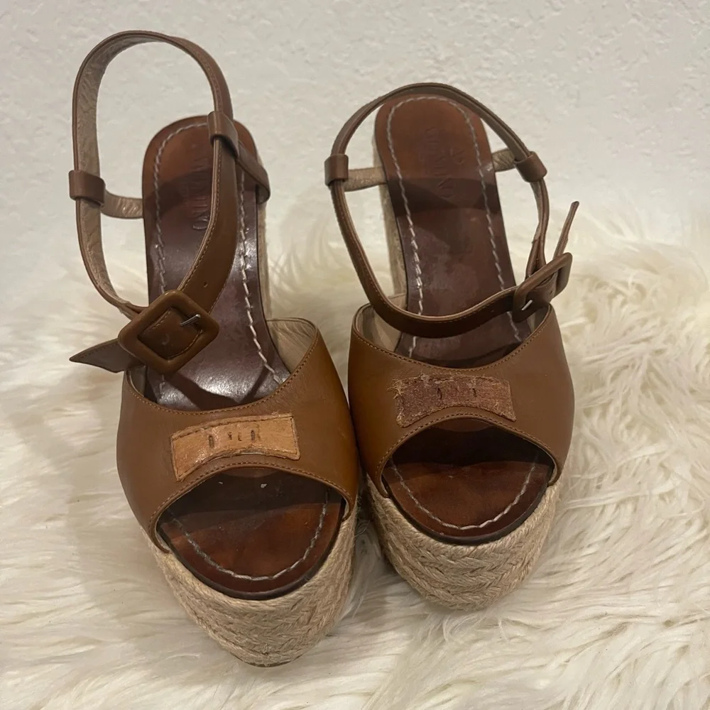 Valentino‎ Garavani Leather Espadrille Wedges Brown Bow Accents Wedge